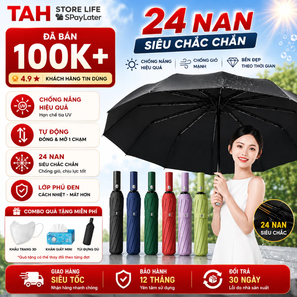 Ô Che Mưa 24 Nan Siêu Chắc, Tự Động Đóng Mở 1 Chạm, Chống Lật Chống Gió, Gấp Gọn 31cm