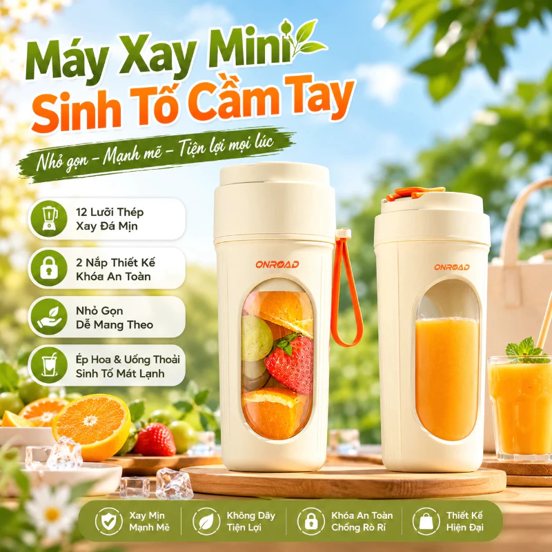 Máy Xay Sinh Tố Mini Cầm Tay 340ml,Dễ Mang Theo,22000 Vòng/Phút,Xay Đá, Thiết Kế 2 Nắp, Tặng Ống Hút