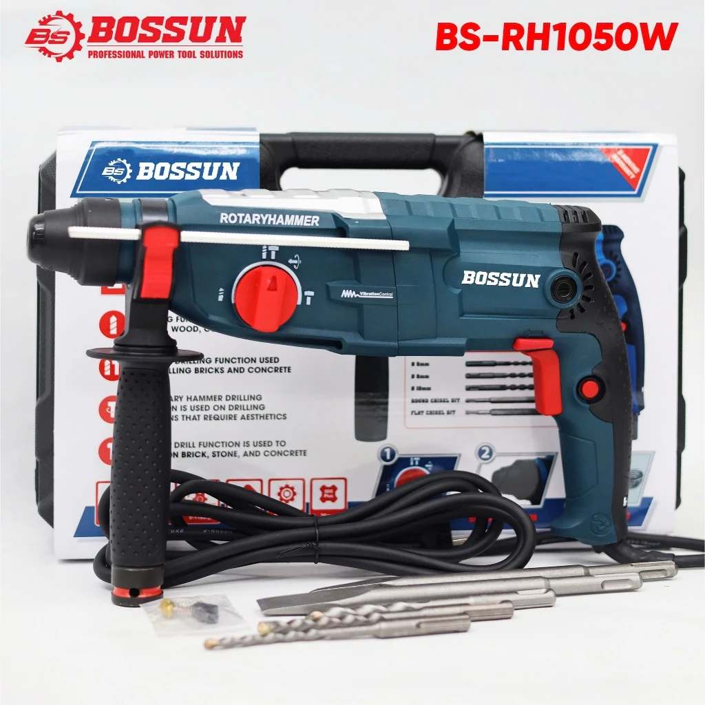 [TẶNG 5 MŨI] Máy khoan bê tông Bossun BS-RH1050W Công Suất 1050W Lực Đập 3,2J Chân pin phổ thông 3 chức năng