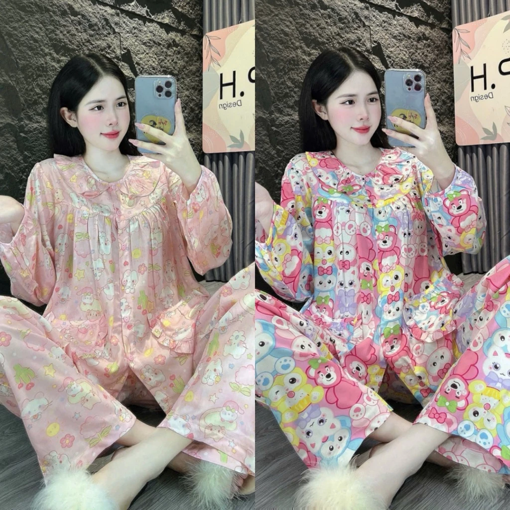 QUẦN DÀI TAY DÀI ÁO CỔ BÈO PHỐI NÚT TLD278 - Đồ Bộ Tole Lanh Nữ Mặc Nhà Aó Cổ Tròn TDQD M/L/XL/2XL