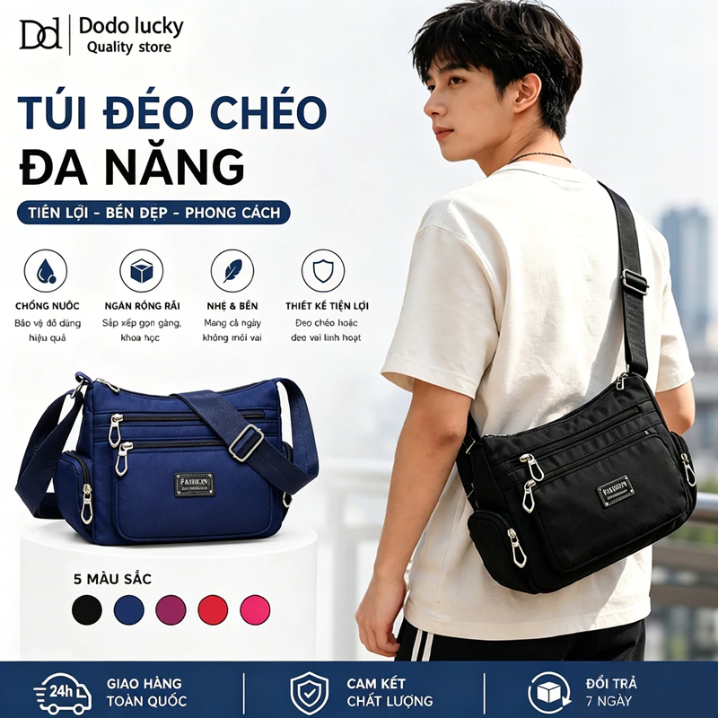 Túi Đeo Chéo Nam NữVải Da Chống Nước Màu Đen, Túi Đeo Chéo Nam Trẻ Trung Dáng Hộp.132