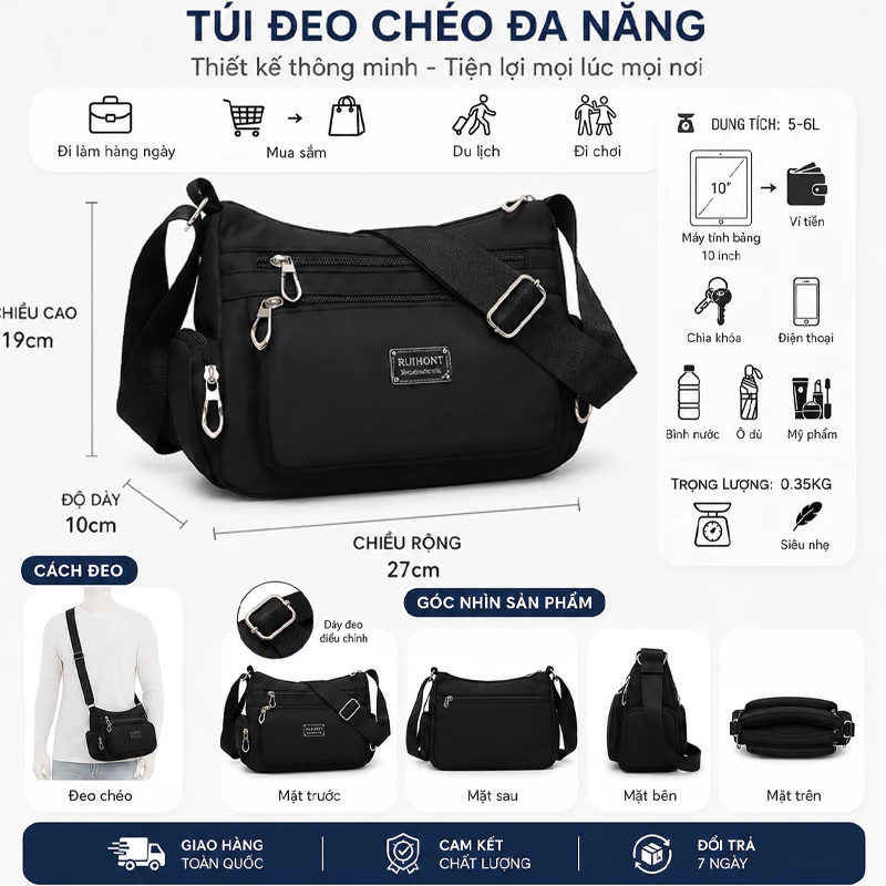 Túi đeo chéo đeo vai nam trơn đen cao cấp chống nước dạng hộp 4 ngăn tiện lợi sang trọng lịch sự.132