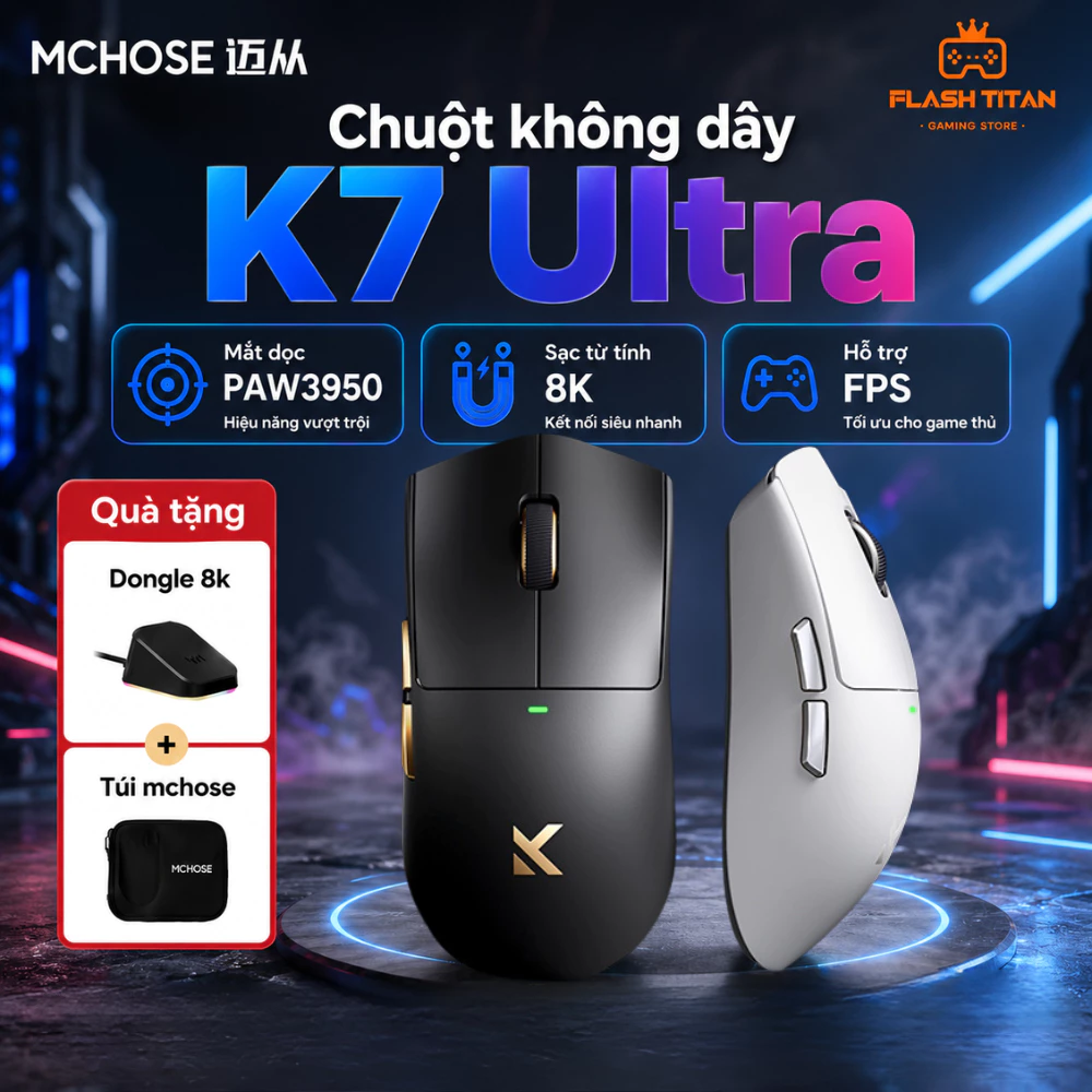Chuột Không Dây Mchose K7 Ultra - Chuột Gaming Cao Cấp Chip PAW3950 Mạnh Mẽ - Hỗ trợ 8k Sạc Không Dây Dùng Chơi Game FPS