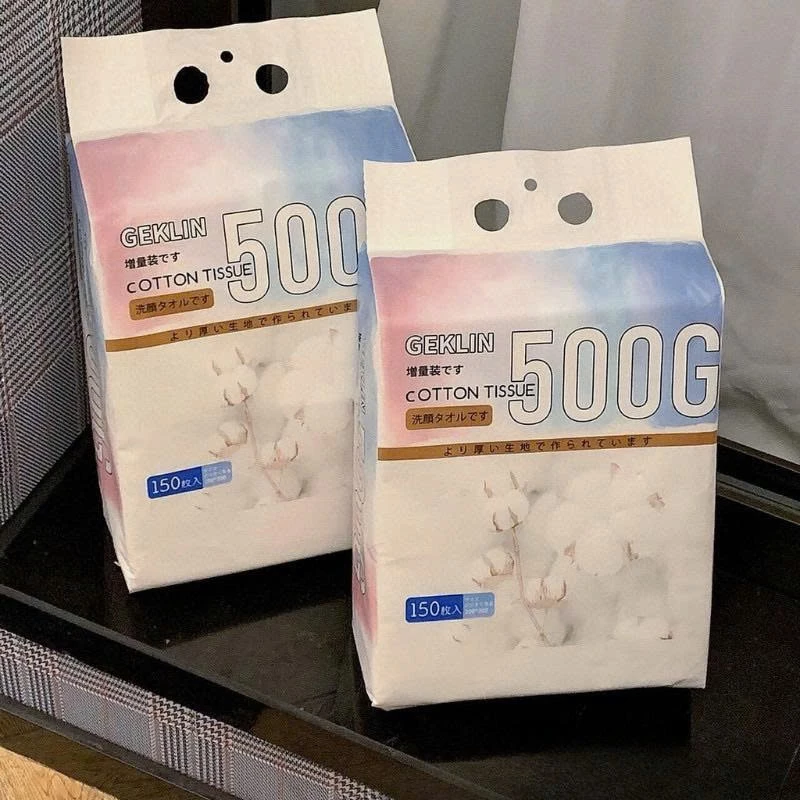Combo 2 Gói khăn mặt dùng 1 lần Geklin 500g dạng túi rút 150 tờ, chất liệu Cotton tự nhiên, thấm hút tốt