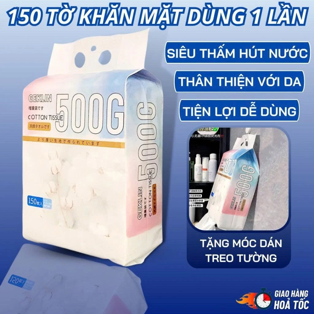 Khăn mặt dùng 1 lần Geklin 500g dạng túi rút 150 tờ, chất liệu Cotton tự nhiên, thấm hút tốt, tiện lợi treo tường