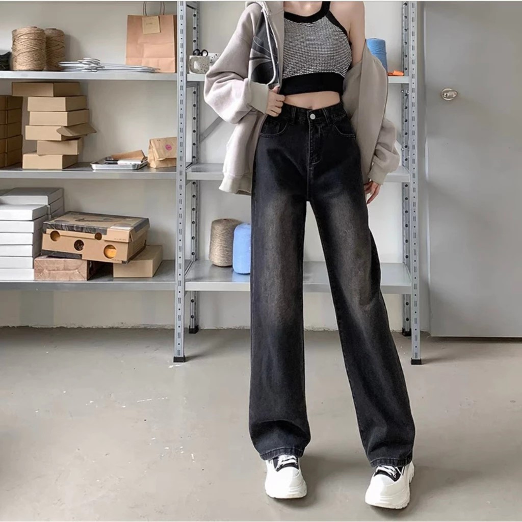 Quần jeans suông ống rộng đen nữ phong cách hàn quốc WJeans017