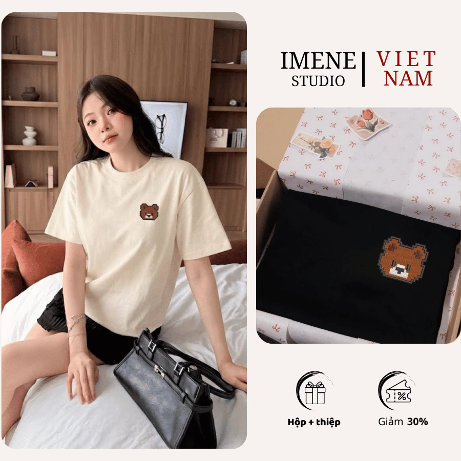 Áo phông cặp đôi THÊU gấu, áo thun couple, áo phông basic dễ phối đồ phong các hàn quốc (IM01)