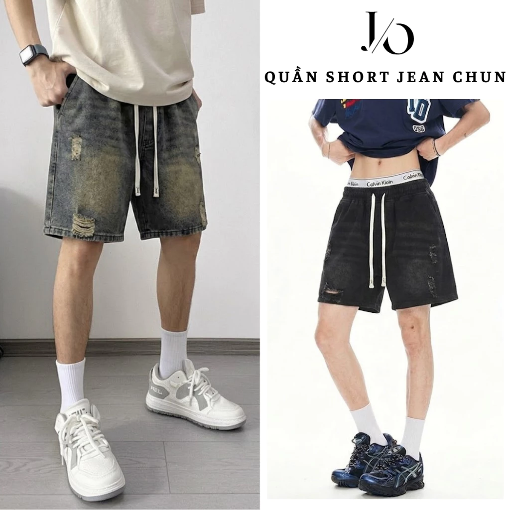 Quần Short JEAN Nam Cạp Chun Dây Rút Xanh WASH Mài Form Ngắn Trên Gối, Sooc Jean Denim Rách Cá Tính