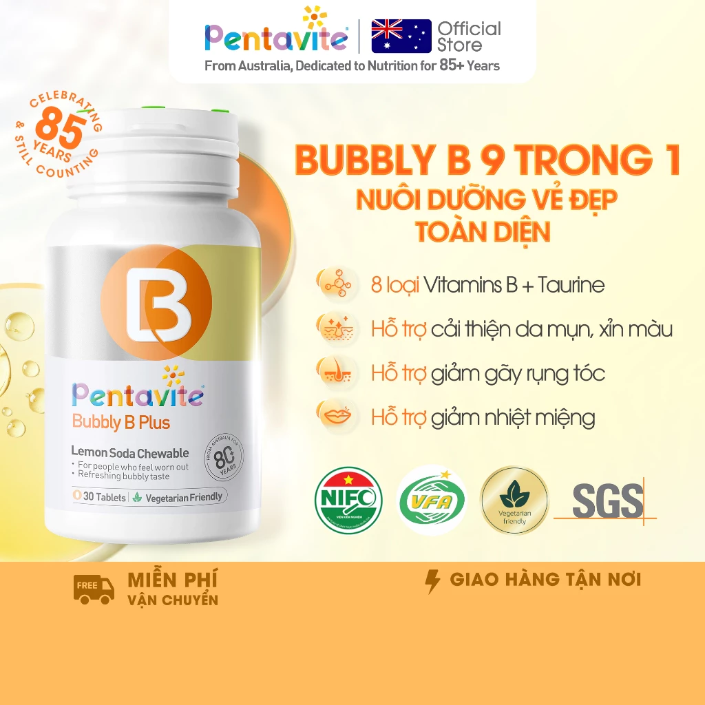 Pentavite Lemon Soda (30 viên) - Vitamin B Complex, tăng sức khỏe, miễn dịch, bổ sung dưỡng chất.