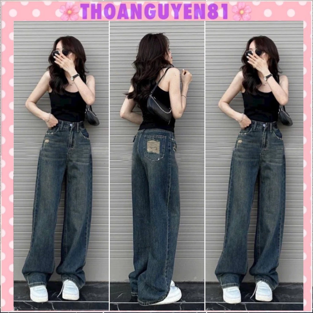 Quần Jean Ống Suông Cạp Cao, Quần Ống Rộng Thiết Kế Rách Túi Sau WJeans020