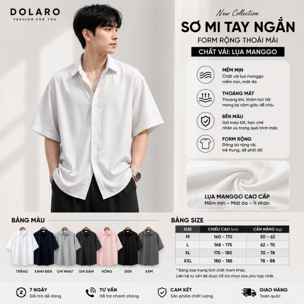 Áo sơ mi tay ngắn cổ thường form rộng thương hiệu DOLARO chất mango thoáng mát giữ dáng