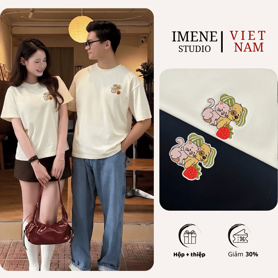 Áo phông THÊU cặp đôi mèo dâu, áo thun đôi làm quà tặng người yêu, bạn bè kèm hộp + thiệp (IM08)