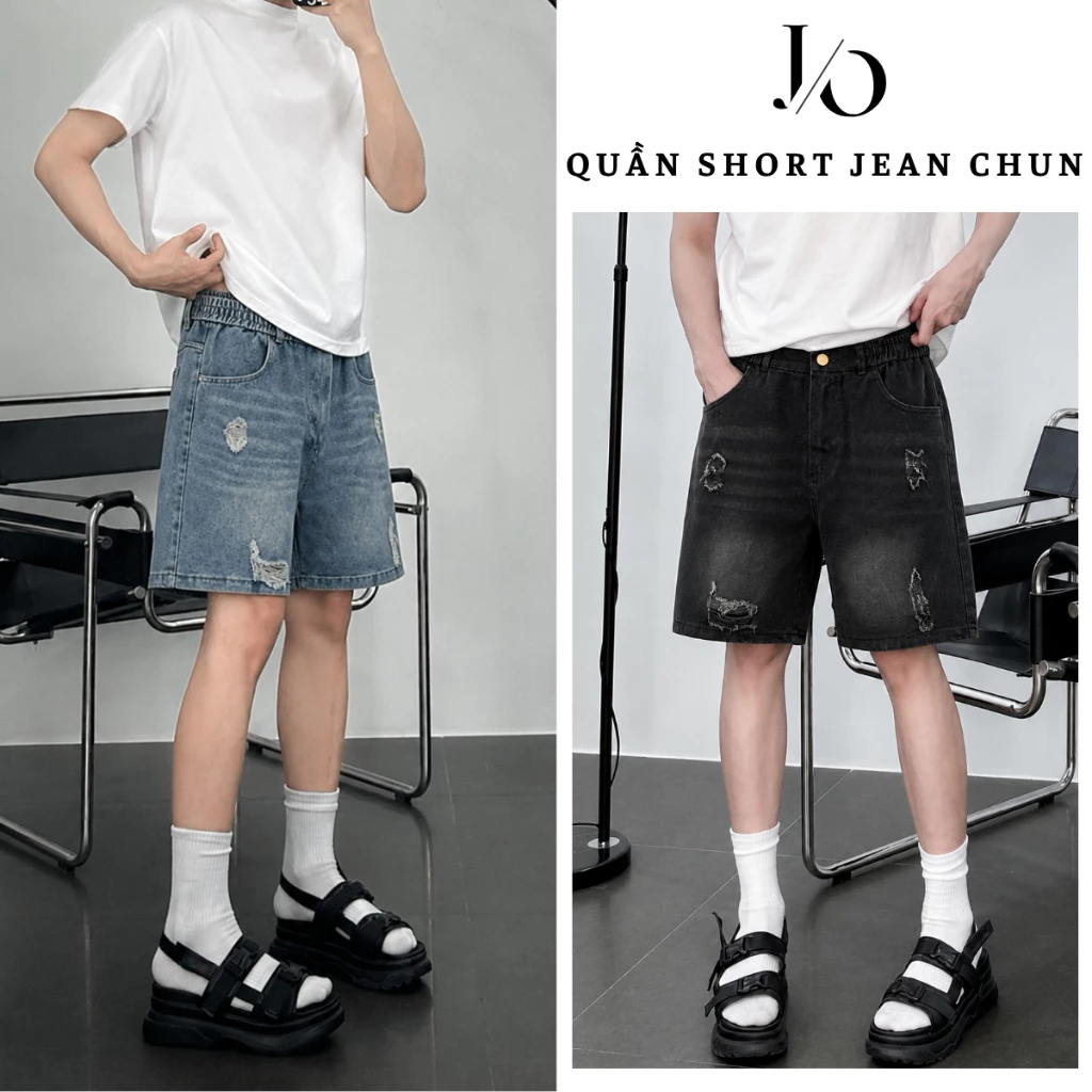 Quần Short Jean Rách Nam Nữ Nửa Cạp Chun Có Khoá Kéo Wash Retro Quần Jean Nam Mềm Form Ngắn Ống Rộng