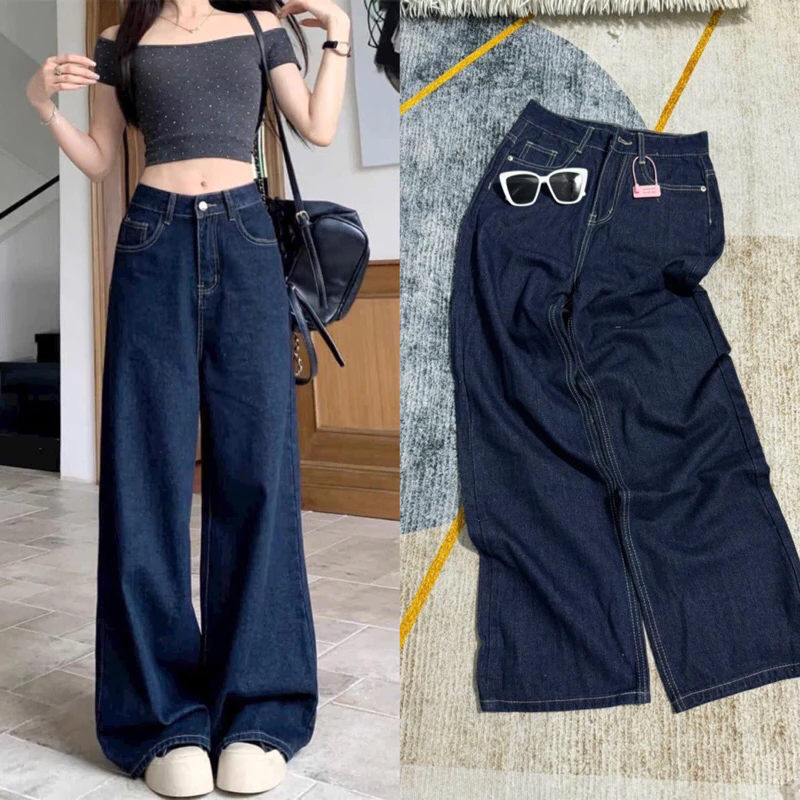 Quần jeans Suông Rộng Màu Xanh Đi Chỉ Kem Chất jeans Mềm WJeans025