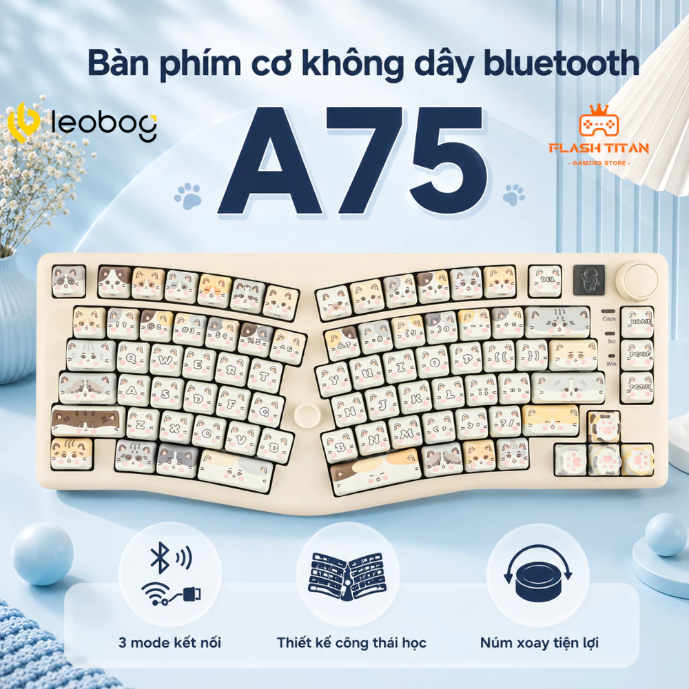 Bàn phím cơ bluetooth LEOBOG A75 ALICE Không Dây 3 chế độ kết nối Thiết kế công thái học Led RGB Mach xuôi, Có núm xoay