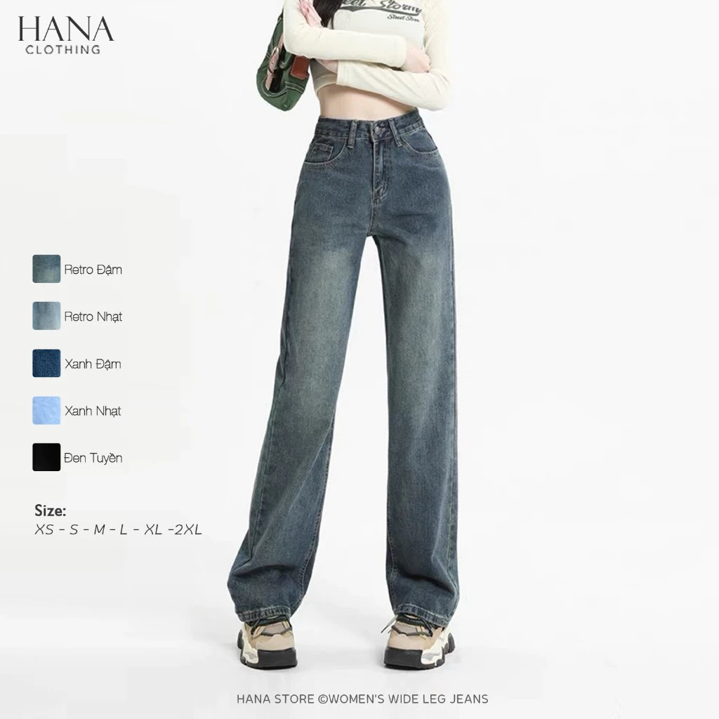 Quần Jean Bò Ống Suông Rộng Xuông Nữ HANA, Jeans Cạp Lưng Cao 5 màu Hot Trend WJeans030