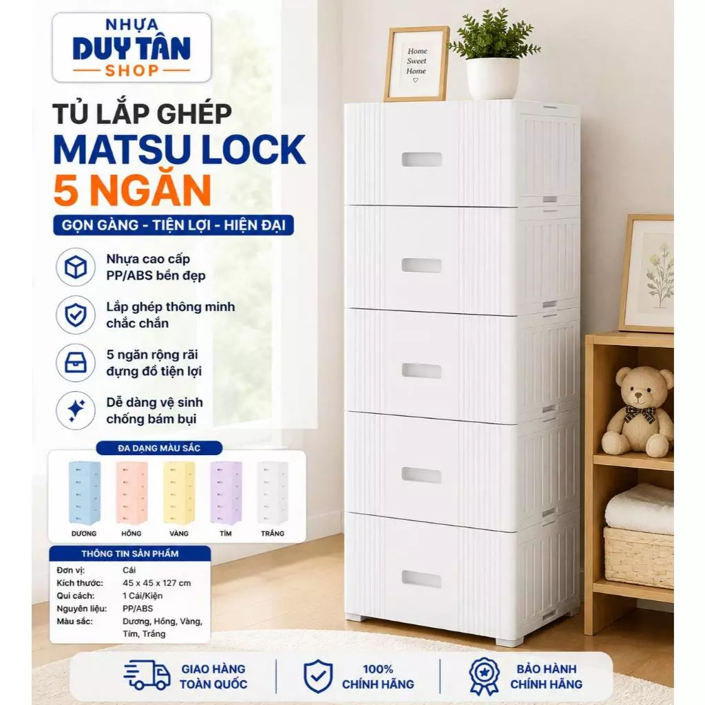 Tủ Nhựa Duy Tân Matsu Lock 5 Ngăn Cao Cấp - Tủ Lắp Ghép Đa Năng Đựng Quần Áo, Đồ Gia Đình