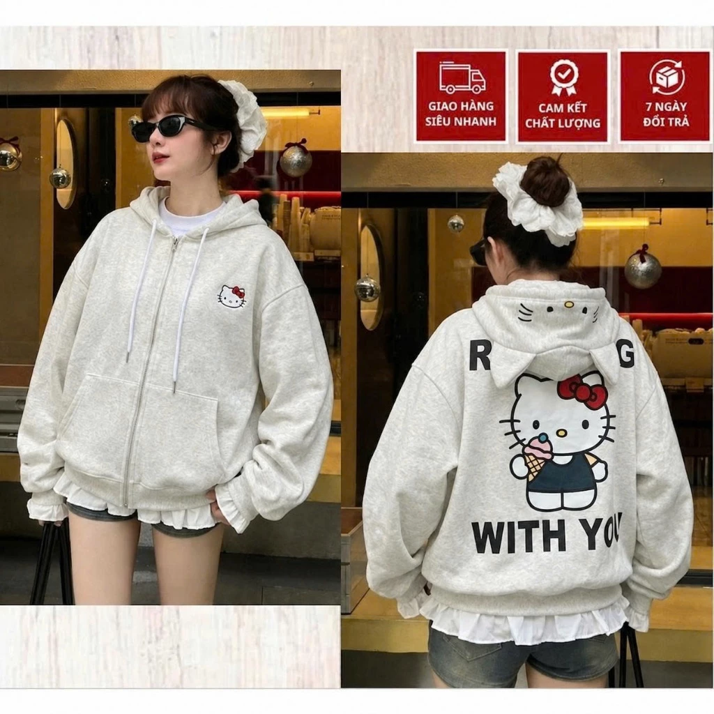 Áo Khoác Hoodie Zip Boxy In Dập Nổi MÈO KITY Chất Nỉ Bông Cao Cấp Phù Hợp Nam Nữ