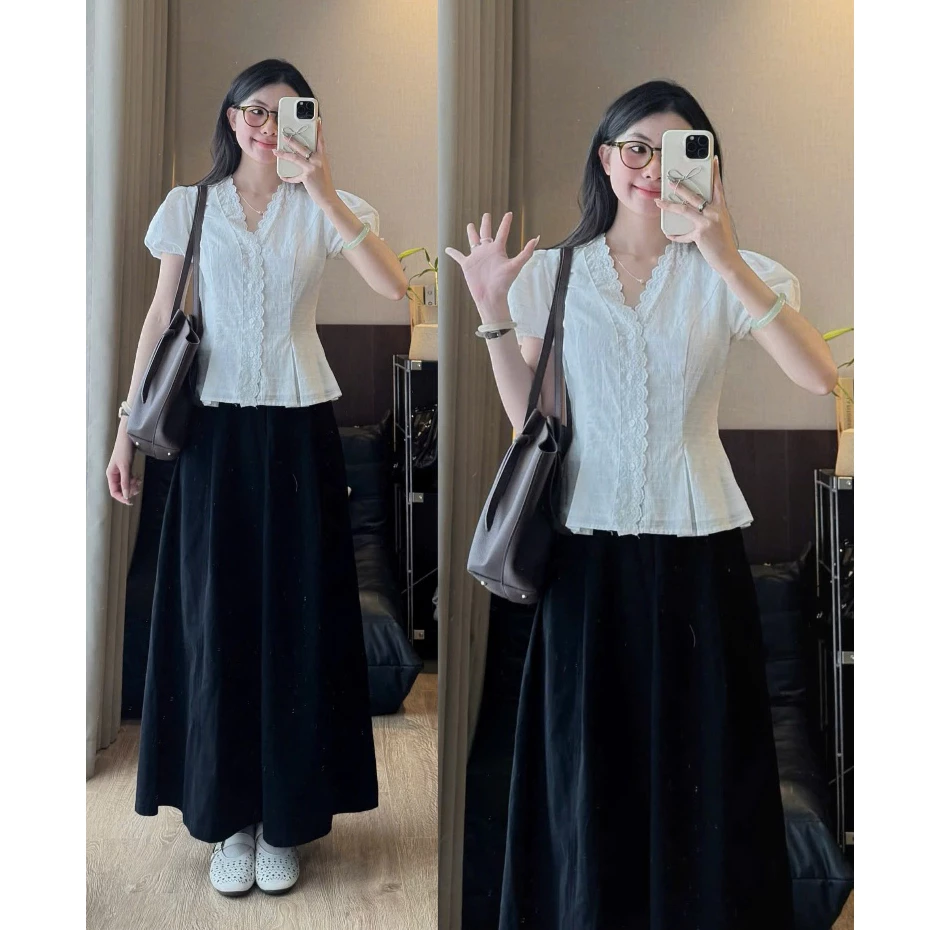 (ẢNH OLDSCHOOL) Áo kiểu nữ viền ren xếp ly tay chun tiểu thư Ami Top.