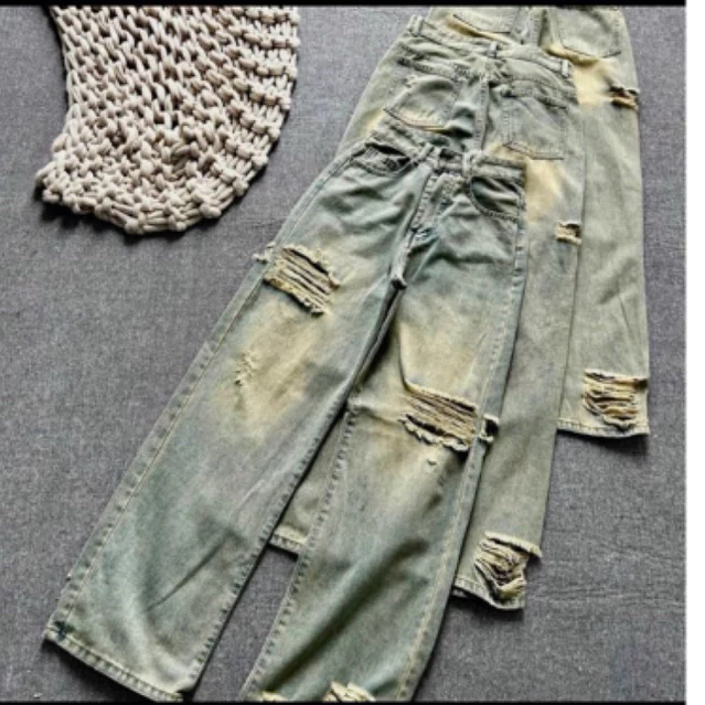 Quần Jeans Suông Rách Màu Bụi Dơ Vải QC mềm WJeans033