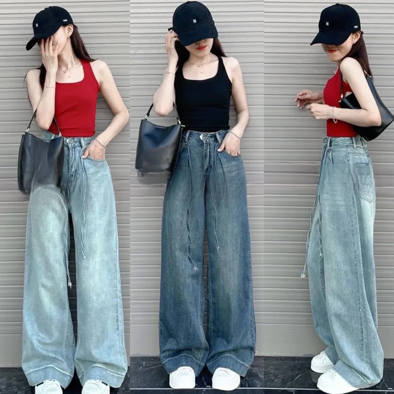 Quần jeans suông trơn kèm dây bản lai to chất jeans mềm WJeans036