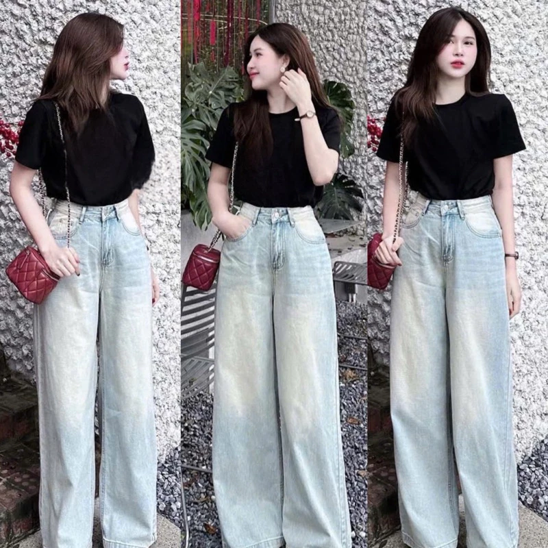 Quần jeans ống suông rộng màu bụi wash 2 bên chât jeans QC mềm WJeans038