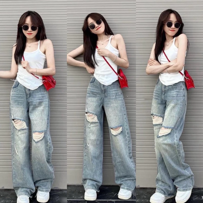 Quần jeans suông rách 2 bên màu xanh nhạt vải qc mềm WJeans039