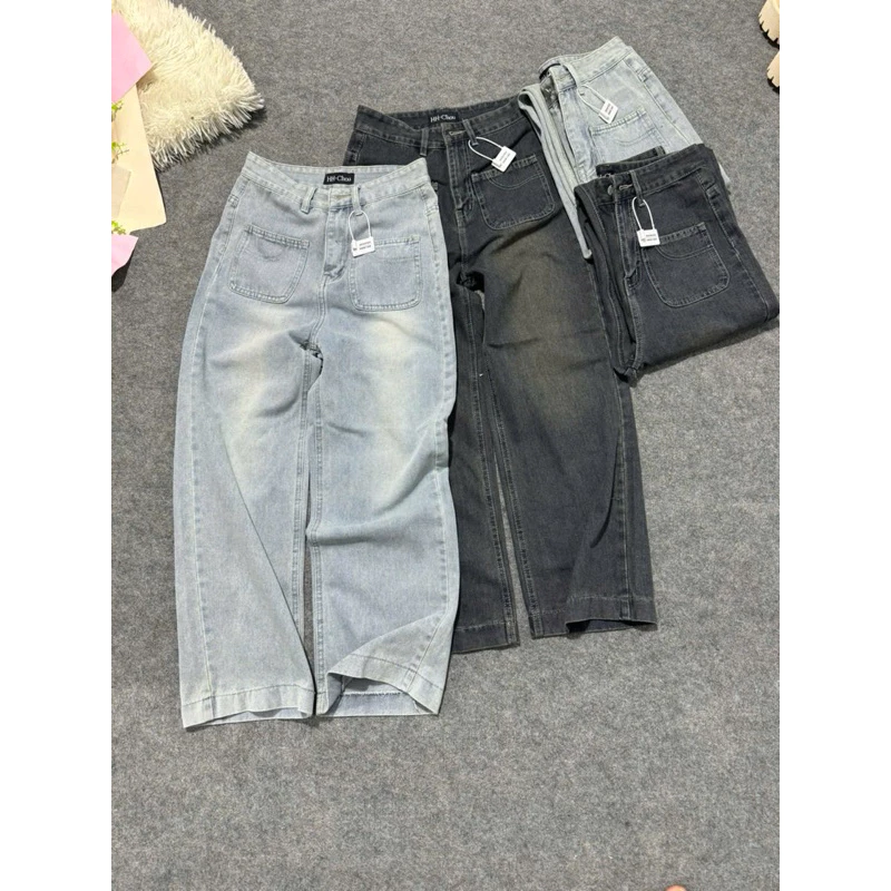 Quần jeans suông nữ co túi trước bản lai to chất jeans mềm WJeans040