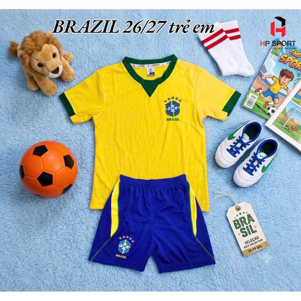 Bộ Quần Áo Đá Banh Brasil Vàng HP Trẻ Em (Nhận In Tên Số) Thun Mè Cao Cấp Logo Thêu Kids Top Sport