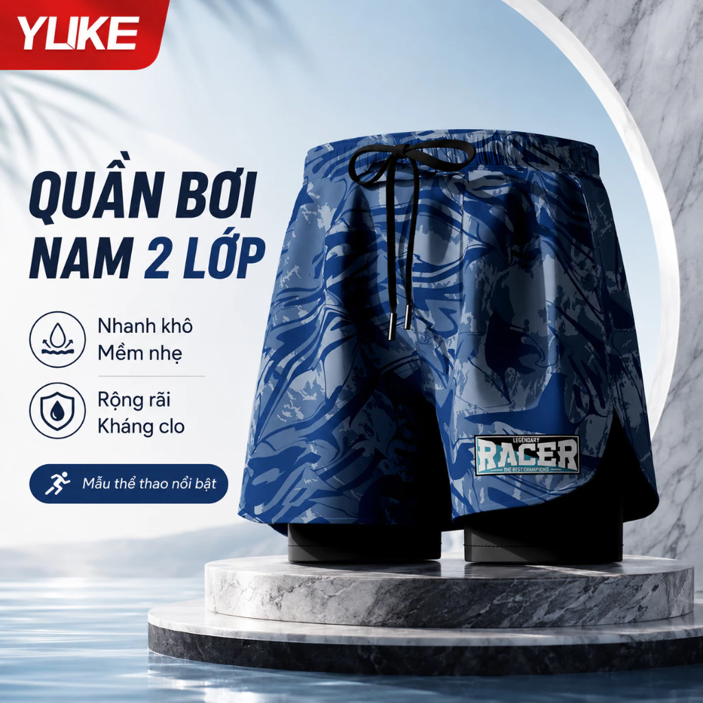 Quần bơi nam 2 lớp cao cấp Shiwei Ylike, nhanh khô, co dãn, dáng rộng thoải mái đi bơi đi biển