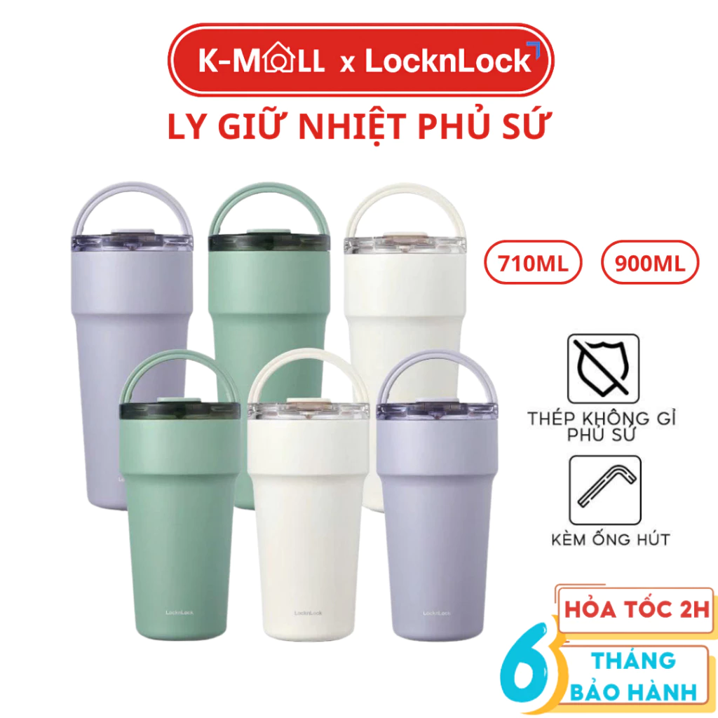 Bình Giữ Nhiệt LocknLock Metro Cafe Top Handle LHC4416 710ml, LHC4419 900ml Phủ Sứ Quai Xách Ống Hút