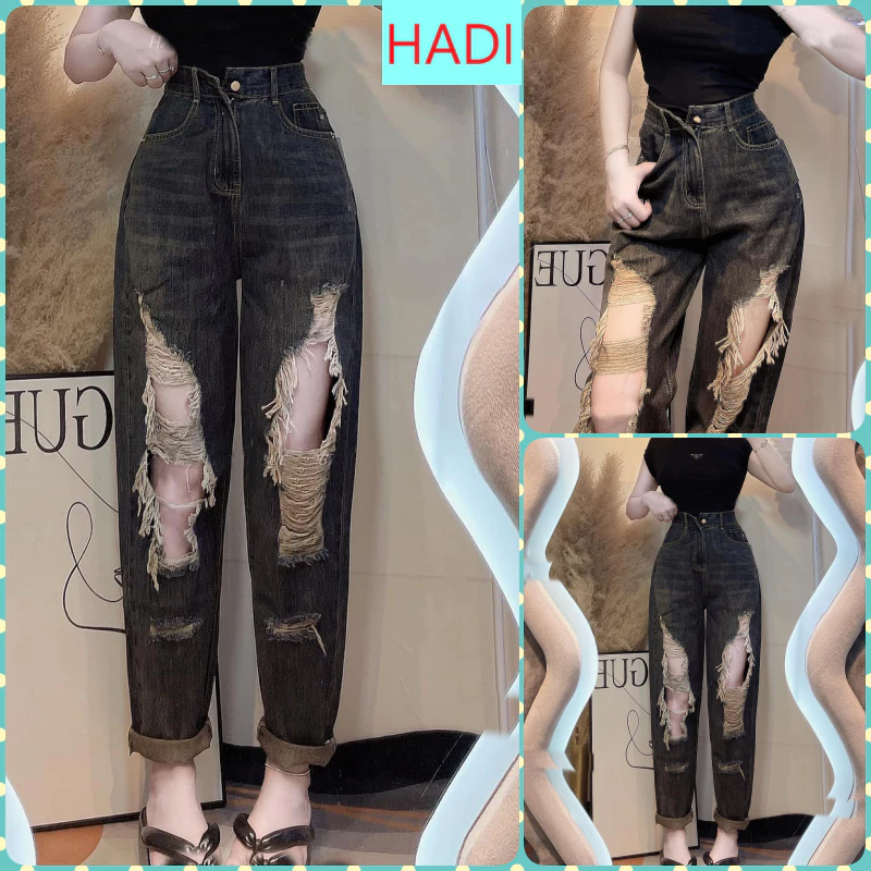 QUẦN BAGGY JEANS NỮ LƯNG CAO RÁCH CÀO MẢNG CHỮ NHẬT HỞ MÀU XANH ĐẬM