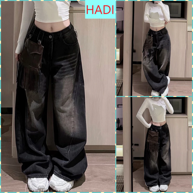 QUẦN JEANS ỐNG RỘNG NỮ LƯNG CAO 2 ĐỈA DỌC CẶP GÂN XÉO MÀU XÁM ĐEN RÂU MÈO LAI WJeans044