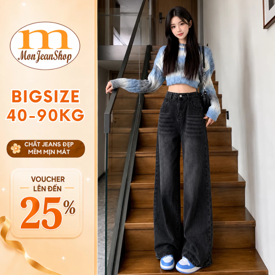 Quần jean ống suông cạp cao dài nữ BIGSIZE, dáng ống suông rộng, quần bò mặc đi học đi chơi MS105R