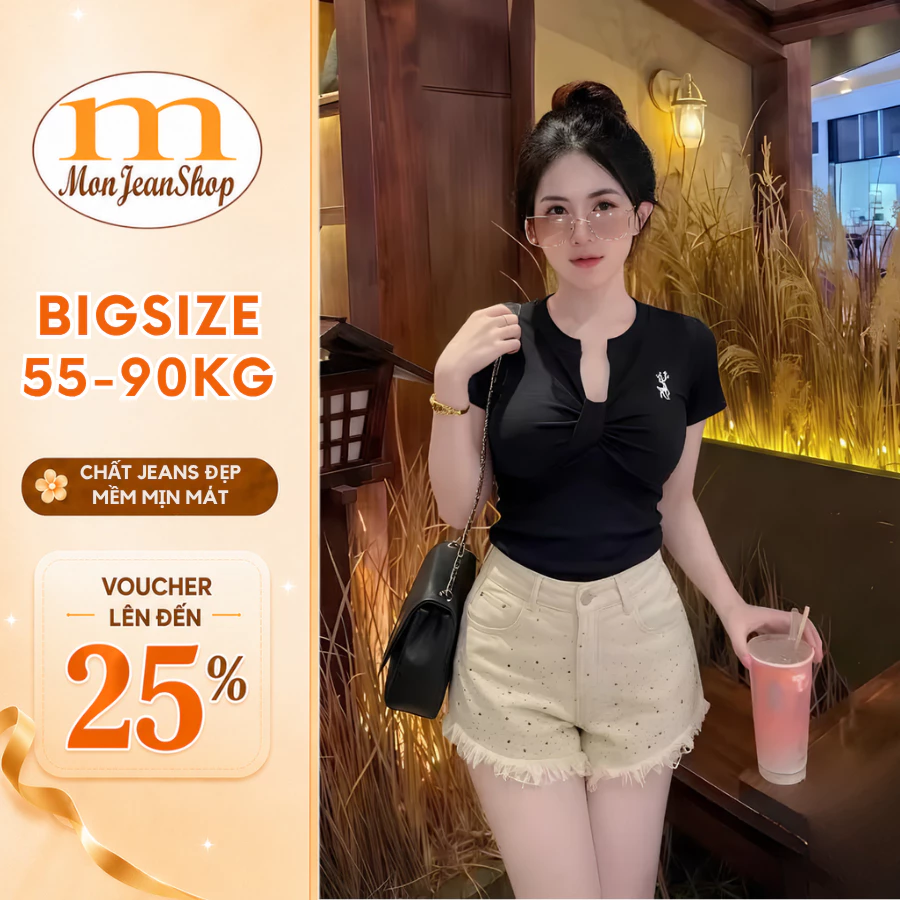 Quần Short Jean Nữ Bigsize Cạp Cao Đính Đá Lấp Lánh, Quần Đùi Bò Nữ Size Lớn 55-90kg Che Tốt Vòng 2 QC10037