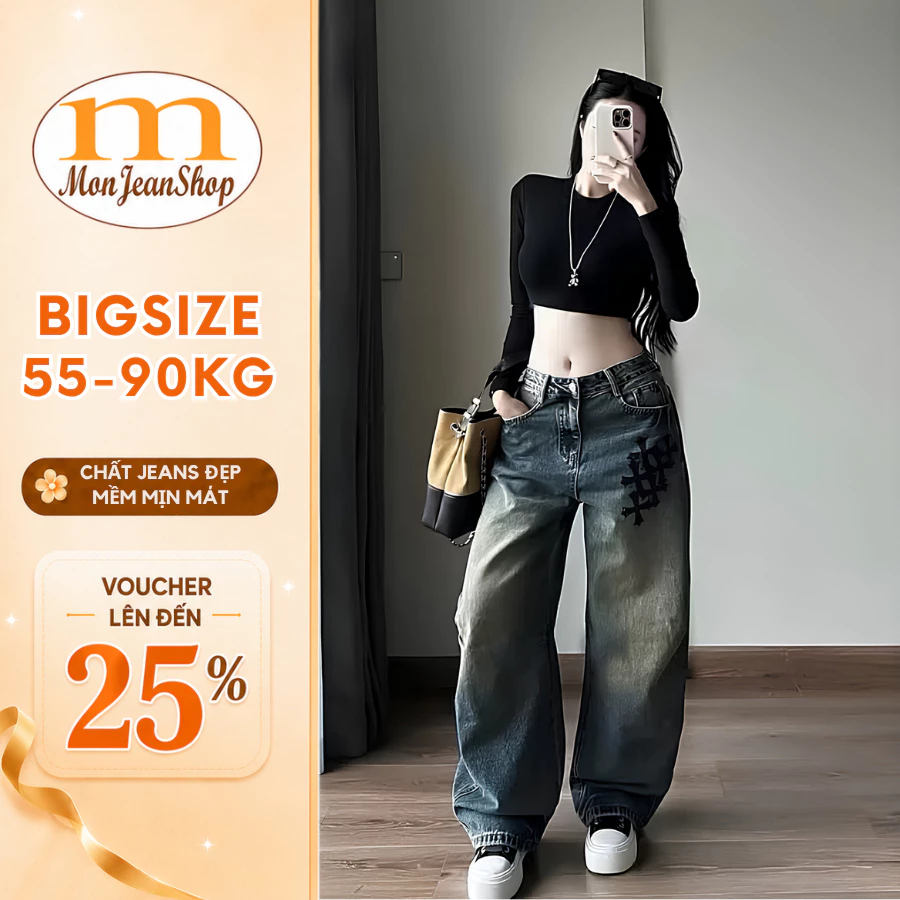 [BST 2026] Quần Jean Dài Nữ BIGSIZE ống suông MONJEANSHOP, Quần bò cạp cao màu loang thêu lạ mắt Ms617