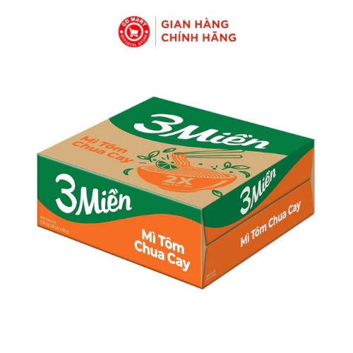 Thùng 30 gói mì 3 Miền tôm chua cay gấp đôi vị tôm, gói 65g.