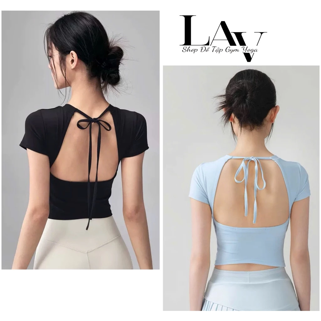 Áo thun cộc tay tập yoga, pilates, có đệm ngực hở lưng dây buộc thanh lịch - LAV Activewear/DX390