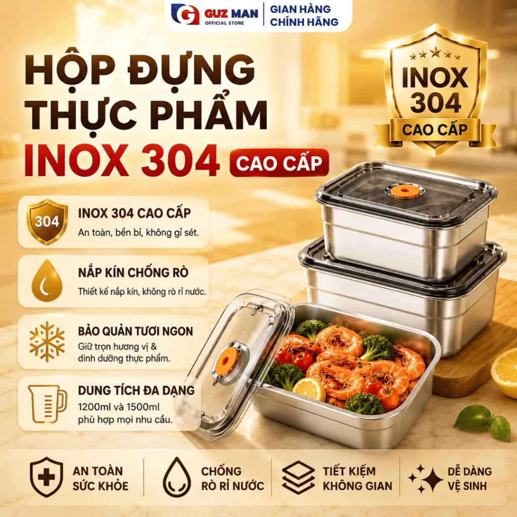 Combo Hộp Đựng Thực Phẩm Inox304 1200ml/1500ml Có Nắp Gioăng Kín Chống Tràn, Bảo Quản Đồ Ăn Tủ Lạnh