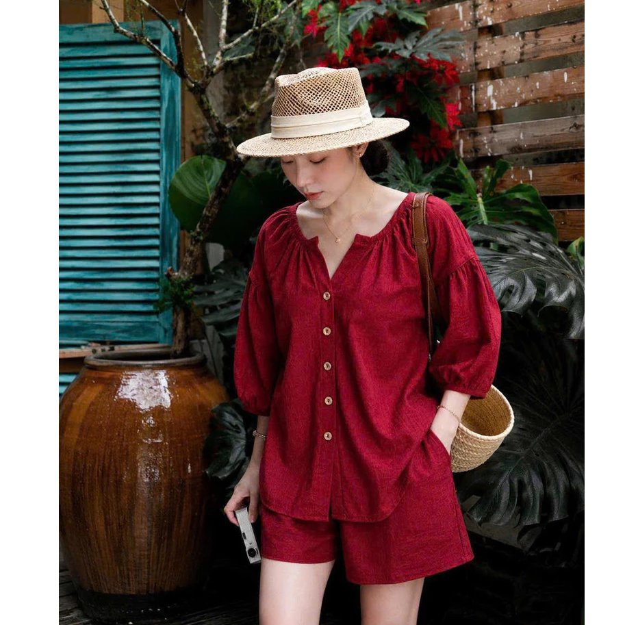 SET Bộ Áo Sơ Mi Tay Phồng Kèm Quần Ngắn Trẻ Trung, Chất Vải Mát, Có Bigsize Cho Chị Em NY NA STORE