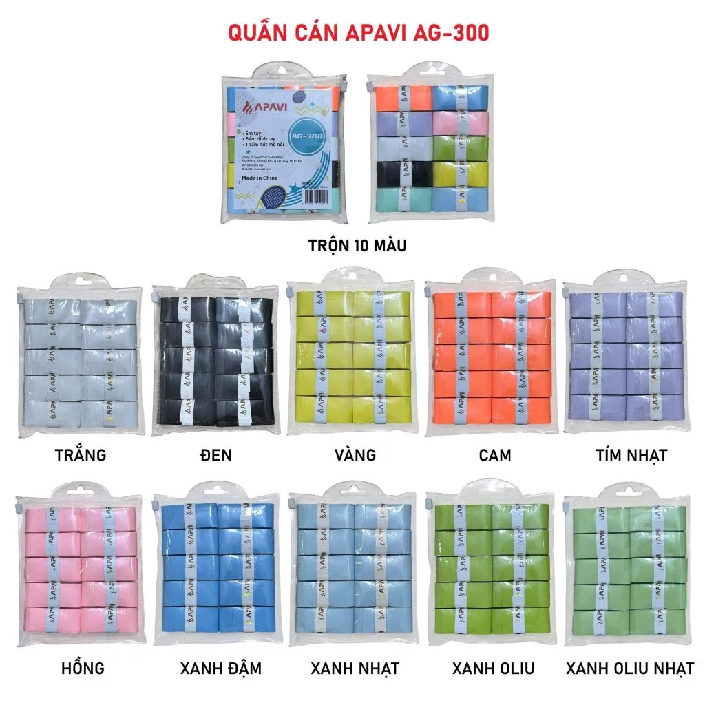 Quấn cán vợt lông chính hãng APAVI AG-300 (Combo 10 cái - loại lớp nylon 2 mặt) chất liệu PU Resin dính và em tay hút mồ