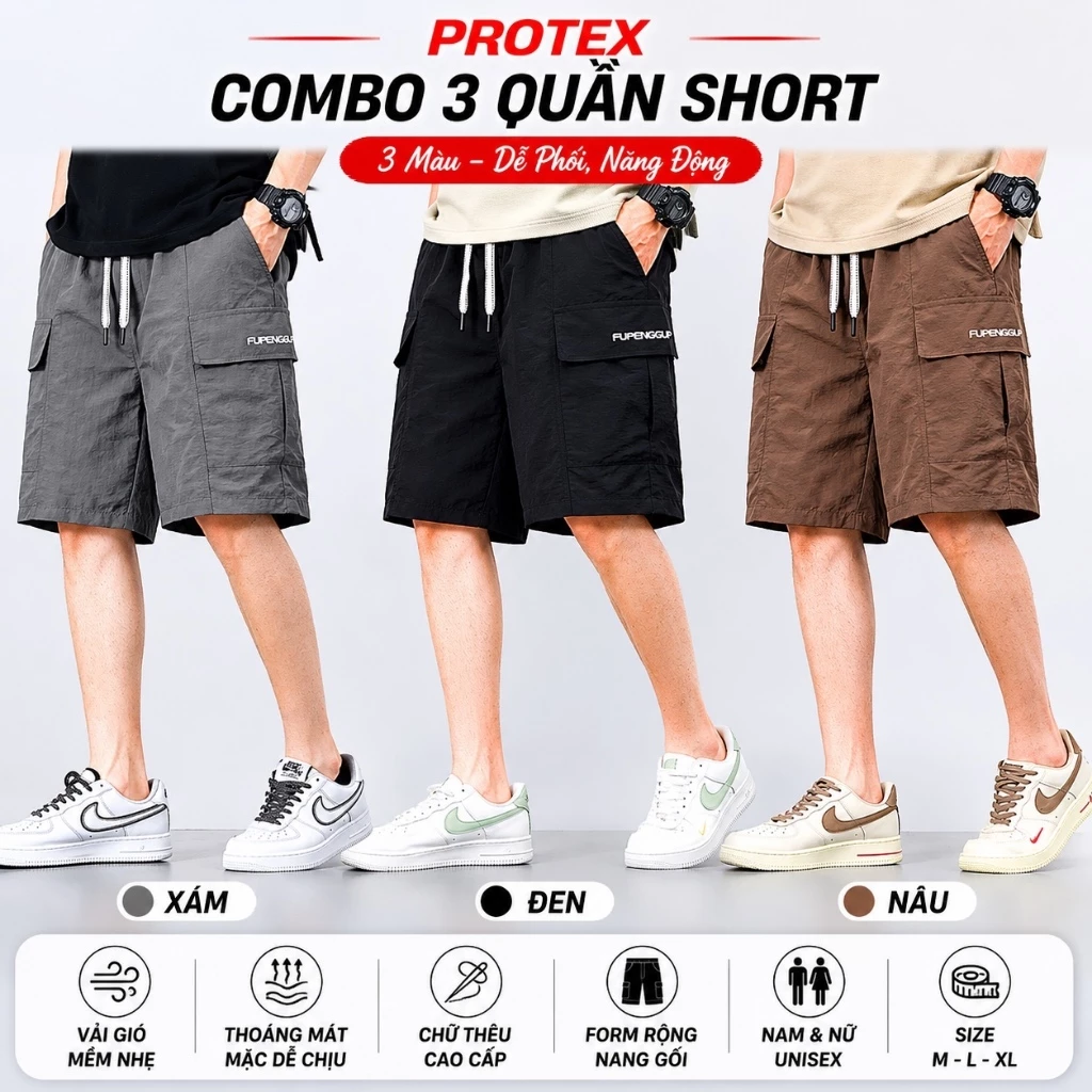 Quần Short Gió Nam Dáng Cargo Ngang Gối, Vải Gió Mềm Mát Chữ Thêu Cao Cấp, Quần Đùi Unisex Form Rộng