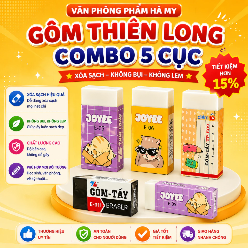 Combo 5 Cục Gôm Tẩy Bút Chì 2B Thiên Long Siêu Mềm Siêu Dẻo