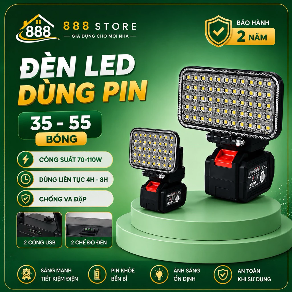 Đèn LED Siêu Sáng Sữ Dụng Pin Makita Với 2 Che Độ Sang, Than Đèn LED Có Cổng Sạc Điện Thoại USB, Tay Cầm Tiện Dụng