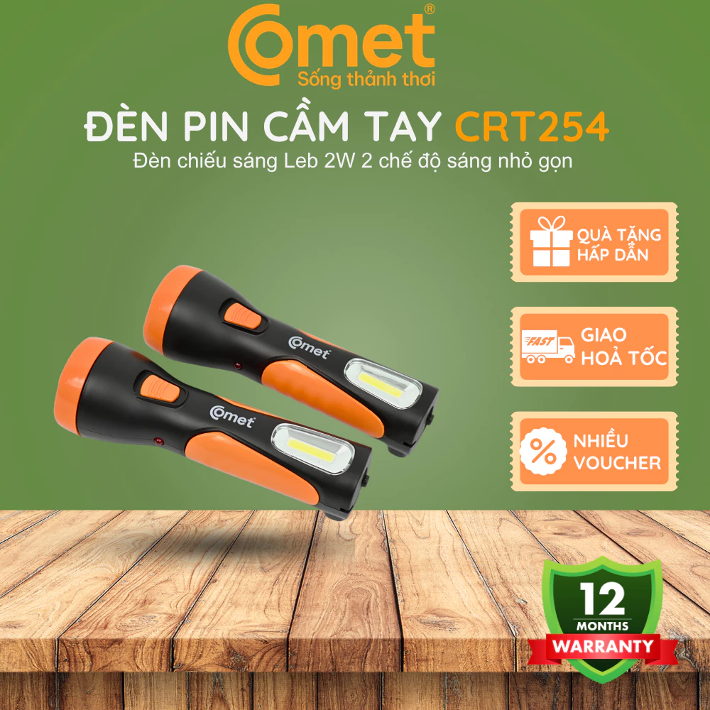 Đèn pin sạc Comet CRT254 2W, LED siêu sáng, 2 trong 1 cầm tay để bàn, dùng điện 220V, đa năng tiện lợi