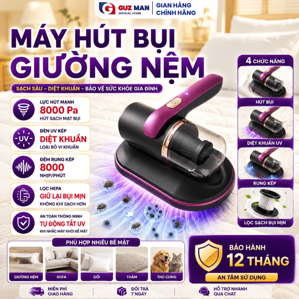 Máy Hút Bụi Giường Nệm Cầm Tay Tia UV diệt khuẩn Lực hút 8000 Pa, hút sạch Nệm Giường Sofa Quần Áo Bản Nâng Cấp
