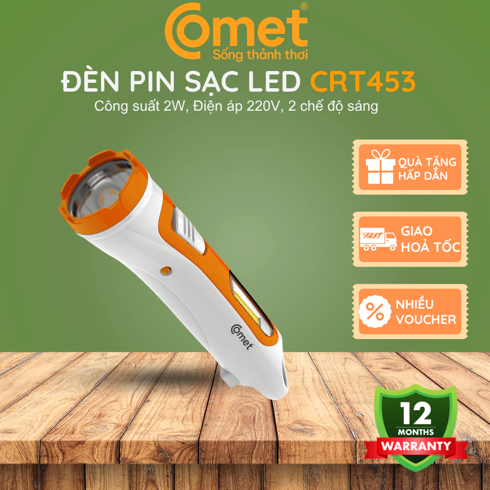 Đèn pin sạc Comet CRT453 LED 2W siêu sáng đa năng dùng điện 220V đèn bàn đèn pin tiện lợi