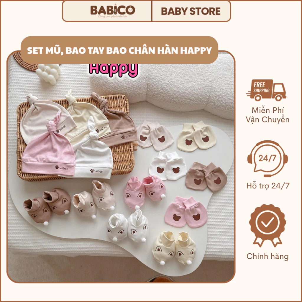 Set Mũ Và Bao Tay Bao Chân Hàn Unbee Happy Chất Liệu Thun Zip Cao Cấp Mềm Mát Cho Bé Sơ Sinh