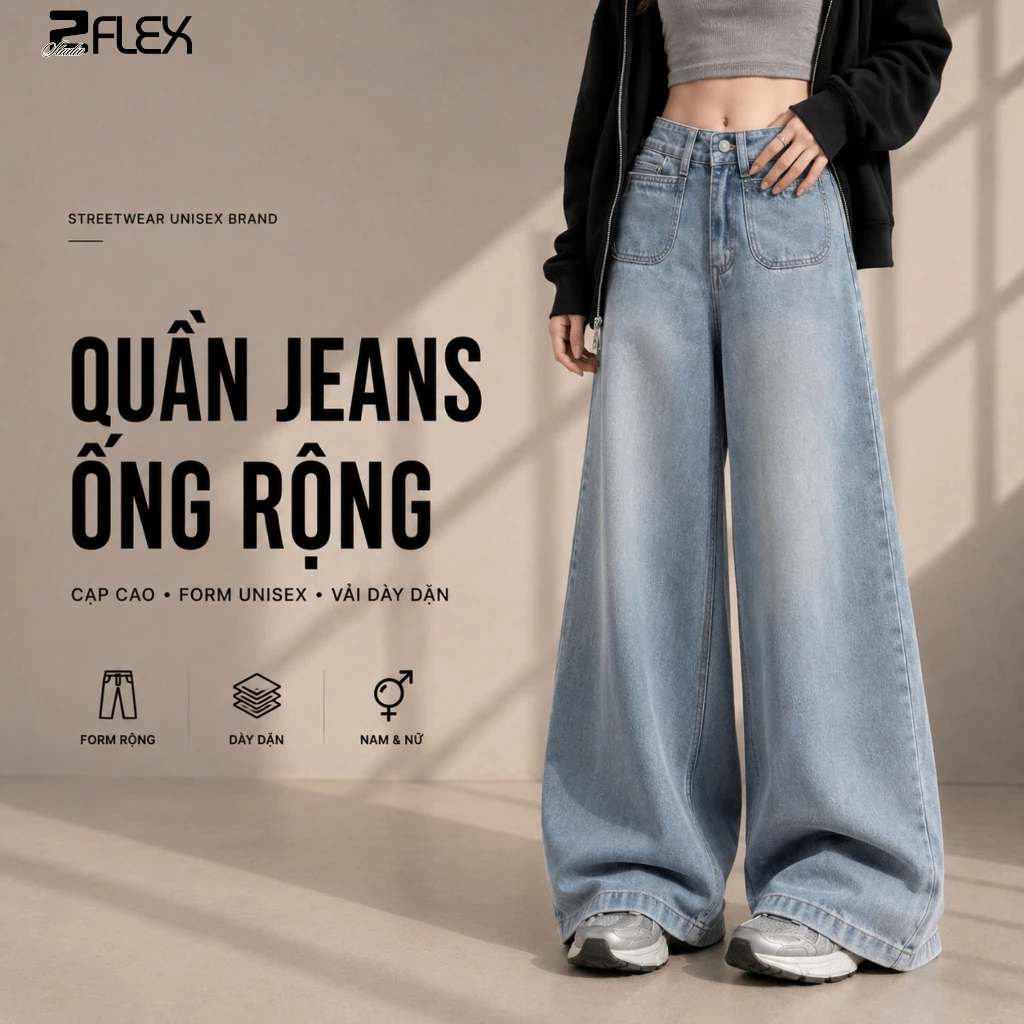Quần Jeans Ống Rộng ZGO FASHION QZG06 Cạp Cao Form Unisex Nam Nữ Vải Dày Dặn