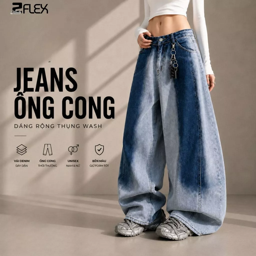 Quần Jeans Zgo Fashion QZG17 Ống Cong Dáng Rộng Thụng Wash, Vải Denim Dày Dặn Cho Nam Nữ